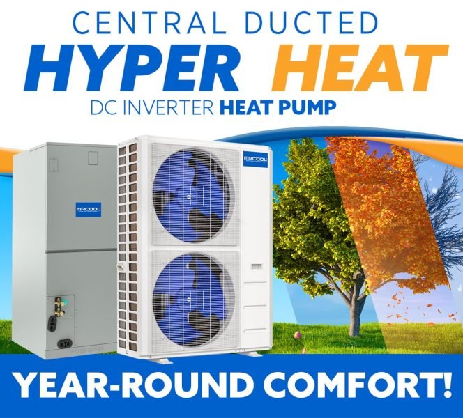 Hyper Heat Central Ducted Air heating and cooling system comes with an indoor Air Handler and an outdoor Condenser.
